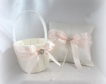 White/Ivory Flower Girl Basket/Ring Bearer Pillow-Sideshow Rose Blush Satin Ribbons-Rhinestone Bling-Custom Ribbon Colors-UPick Pcs-Age to 5