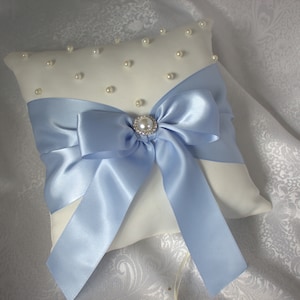 Ivory Ring Bearer Pillow with Bluebird Blue Satin Ribbon/Bow-Handsewn Pearls and Pearl Rhinestone Accent-READY TO SHIP