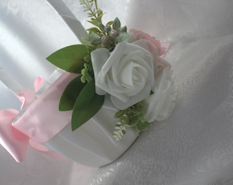 White or Ivory Satin Flower Girl Basket-White/Ivory/Pink Satin Ribbons/Roses,Pale Pink Real Touch Rose-Small Accents/Greenery-Age 4-7