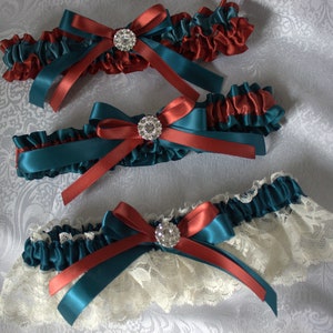 CREATE YOUR GARTER-White/Ivory Lace with Teal and Rust Satin
