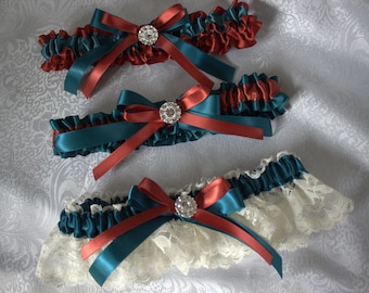 CREATE YOUR GARTER-White/Ivory Lace with Teal and Rust Satin