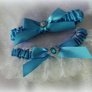 Malibu Blue/Island Blue and White or Ivory Lace Garter Set/Turquoise Bling-Includes Toss Garter
