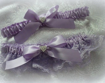 Lavender Lace Garter Set-Includes Toss Garter-Lavender Bows and Heart Shape Rhinestones