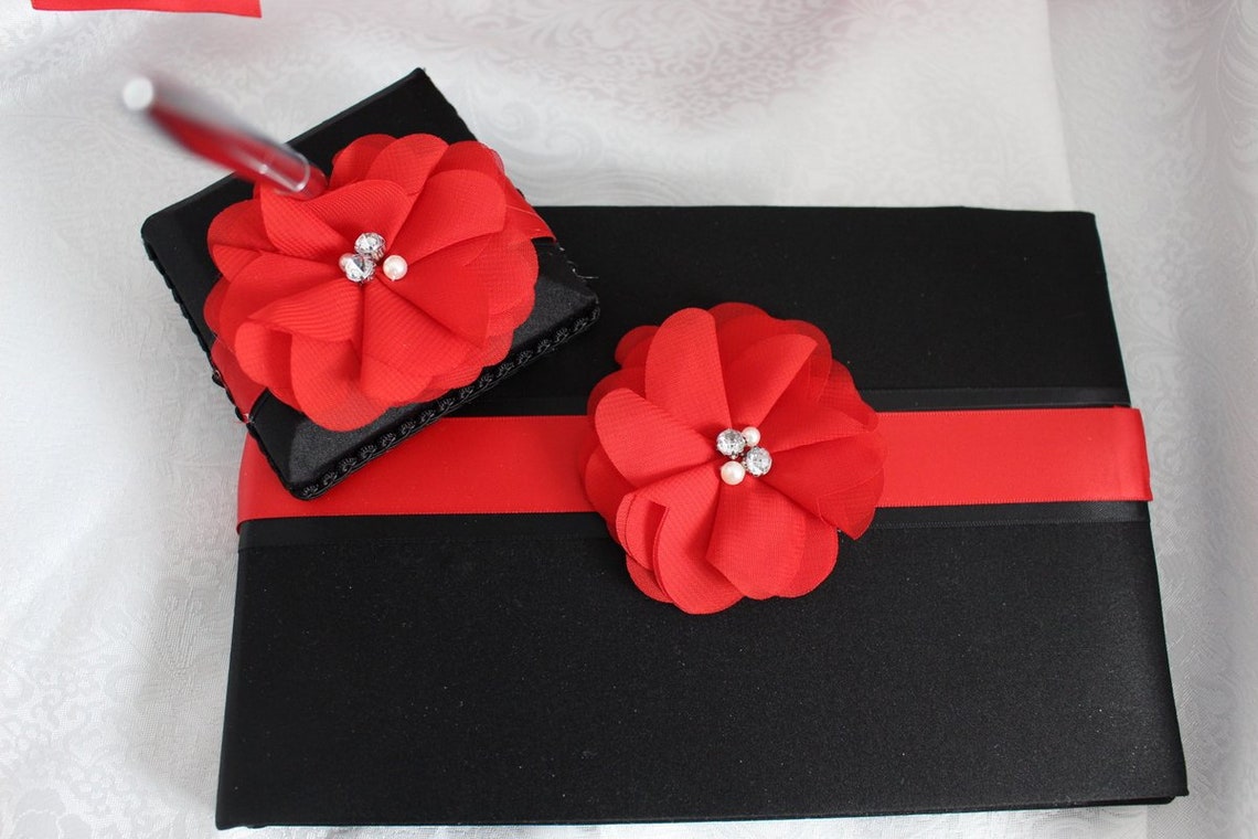 Black Wedding Guestbook with Matching Pen-Red Large 3 image 1