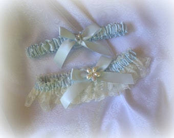 Ivory-White Lace and Pale Light Blue/Baby Blue/Blue Vapor Satin Garter Set with Bows and Pearl and Rhinestone Embellishment-Something Blue