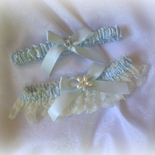 Ivory-White Lace and Pale Light Blue/Baby Blue/Blue Vapor Satin Garter Set with Bows and Pearl and Rhinestone Embellishment-Something Blue