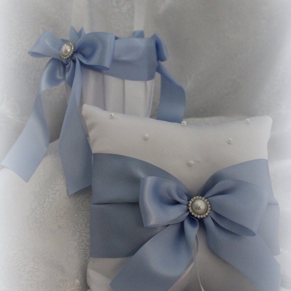 Ivory/White Flower Girl Basket Ring Bearer Pillow-Ribbon color Bluebird/Dusty Blue, Pearl Bling-Custom Ribbon Colors-U-Pick Pieces-To age 5