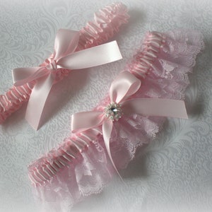 Powder Pink/Light Pink and Lace Garter Set-Includes Toss Garter- Rhinestone Accent-Custom Ribbon/Lace Colors
