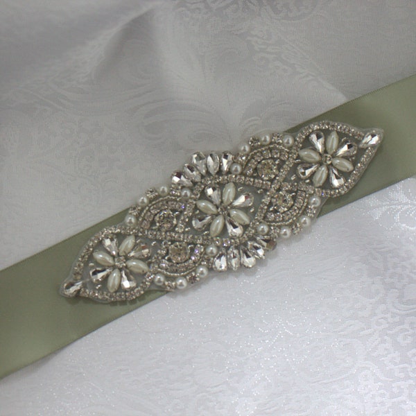 1.5 Inch Wide Satin Ribbon Sash-Soft Pine/Sage Clear Rhinestone Accent-Flower Girl Sash-More Colors Available