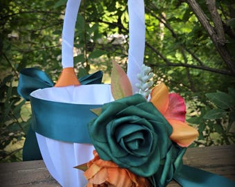 Ivory/White Flower Girl Basket-Hunter Green/Burnt Orange/ Orchid, Roses Faux Flowers,3 Sz Baskets Available
