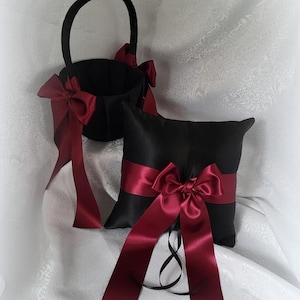 Larger-Black, Ivory or White Flower Girl Basket/Ring Bearer Pillow -With Deluxe Wine Satin Ribbons-Age 4-7
