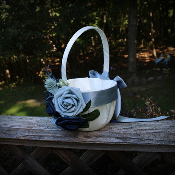 Ivory or White Satin Flower Girl Basket-Dusty Blue Satin Ribbons/Navy and Dusty Blue Faux Roses -Small Accents/Greenery-U Pick Size
