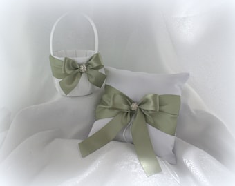 White/Ivory Flower Girl Basket/Ring Bearer Pillow-Sage/Soft Pine Satin Ribbons-Rhinestone Bling-Custom Ribbon Colors- U-Pick Pieces-Age to 4