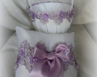 Ivory/White Flower Girl Basket/Ring Bearer Pillow-Embroidered Lace Trim in Lavender with Pearls -Age 2-4