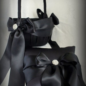 Black Satin Flower Girl Basket/Pillow with Black Satin Sash and Bow - Rhinestone Cluster Accents-Age 4-7-U Pick Pieces