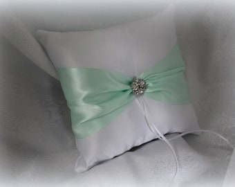 White or Cream Ring Bearer Pillow with Pastel Green Satin Ribbon- Rhinestone Embellishment-Custom Ribbon Colors