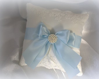 Ivory/White Ring Bearer Pillow-Delicate Embroidered Lace Dusty Light Blue Satin Ribbon Pearl Rhinestone Bling