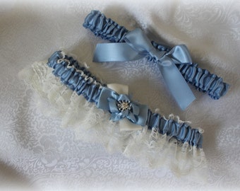 French Blue/Dusty Blue/Blue with Ivory Lace Garter Set