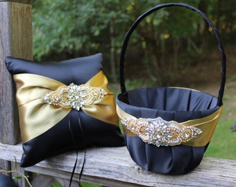 Larger-Black/White/Ivory Flower Girl Basket/Ring Bearer Pillow- Deluxe Old Gold Satin Ribbon -Large Gold Rhinestone and Pearl Applique-Age7+