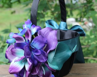 Black Flower Girl Basket-Plum, Purple, Turquoise, Teal,  Calla Lilies, and Orchids-Teal Ribbon and Bows-Age 4-7 and Age 7+