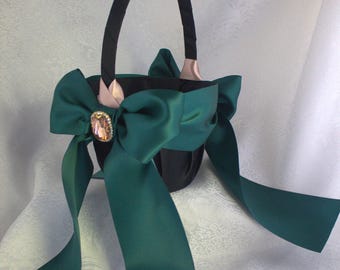 Black Satin Flower Girl Basket with Hunter Green Satin Sash and Bow, Rose Gold Accent and Large Rhinestone Rose Gold -Age 7+