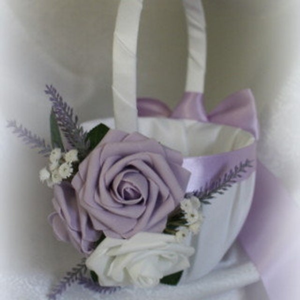 White or Ivory Flower Girl Basket with Light Orchid Satin and Lavender and Faux Roses in Lavender, Greens and White-U Pick Size Basket