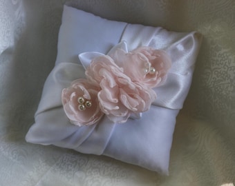 MINI- 7 x 7" White Ring Bearer Pillow-Chiffon Singed Pale Pink Roses with Pearls-Only 1 Available