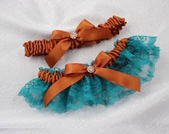 Teal/White/Ivory/Navy Lace with Copper/Rust/Ginger Satin Garter Set-Rhinestone Accent/ Prom Garter/Wedding Garter