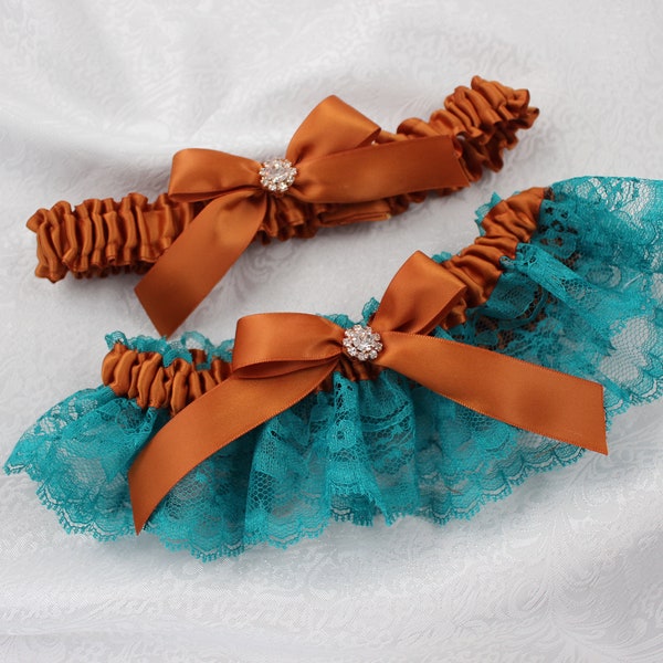 Teal/White/Ivory/Navy Lace with Copper/Rust/Ginger Satin Garter Set-Rhinestone Accent/ Prom Garter/Wedding Garter