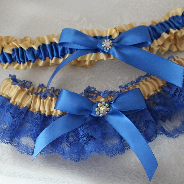 Gold/Champagne/Raw Silk with Royal Blue Lace Garter Set-Includes Toss Garter- Bows and AB Rhinestone Accents