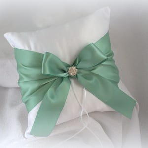 Ivory or White Ring Bearer Pillow-Sage Satin Sash with Matching Bow - Rhinestone Accent
