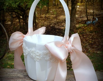 Ivory Satin Flower Girl Basket with Pearl and Sequin Applique-Rose Petal/Blush Sash Ribbon-Age to 5