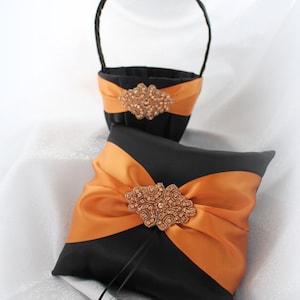 Elegant-Black, Navy,White,Ivory Flower Girl Basket/Ring Bearer Pillow Burnt Orange/Ginger/Rhinestone Applique-Age 4-7