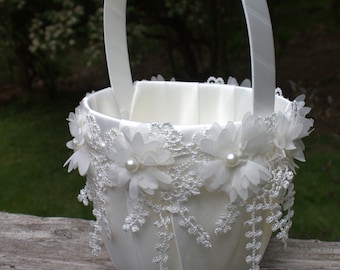Ivory/White Flower Girl Basket-Chiffon Flowers Pearls and Free Hanging Lace Trim, Age 4-7