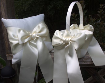 XL-White or Ivory Flower Girl Basket/Ring Bearer Pillow -Ribbon color Swiss Satin Ivory-Flower Girls Age 8+