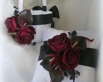 White,Ivory or Black Flower Girl Basket/Pillow-Burgundy Velvet Roses, Black/Burgundy Calla Lilies, Black Babies Breath-3 size Baskets Avail.