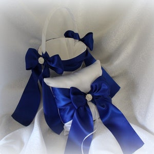 White,Ivory or Black Flower Girl Basket/Pillow -With Cobalt Blue Satin Ribbons -Custom Color Ribbons-Age 7+