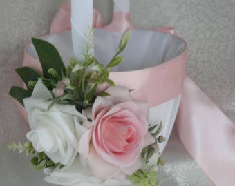 Ivory/White Satin Flower Girl Basket-Pink Satin Ribbons/ Faux Roses and Pale Pink Real Touch Rose-Small Accents/Greenery-Age 4-7