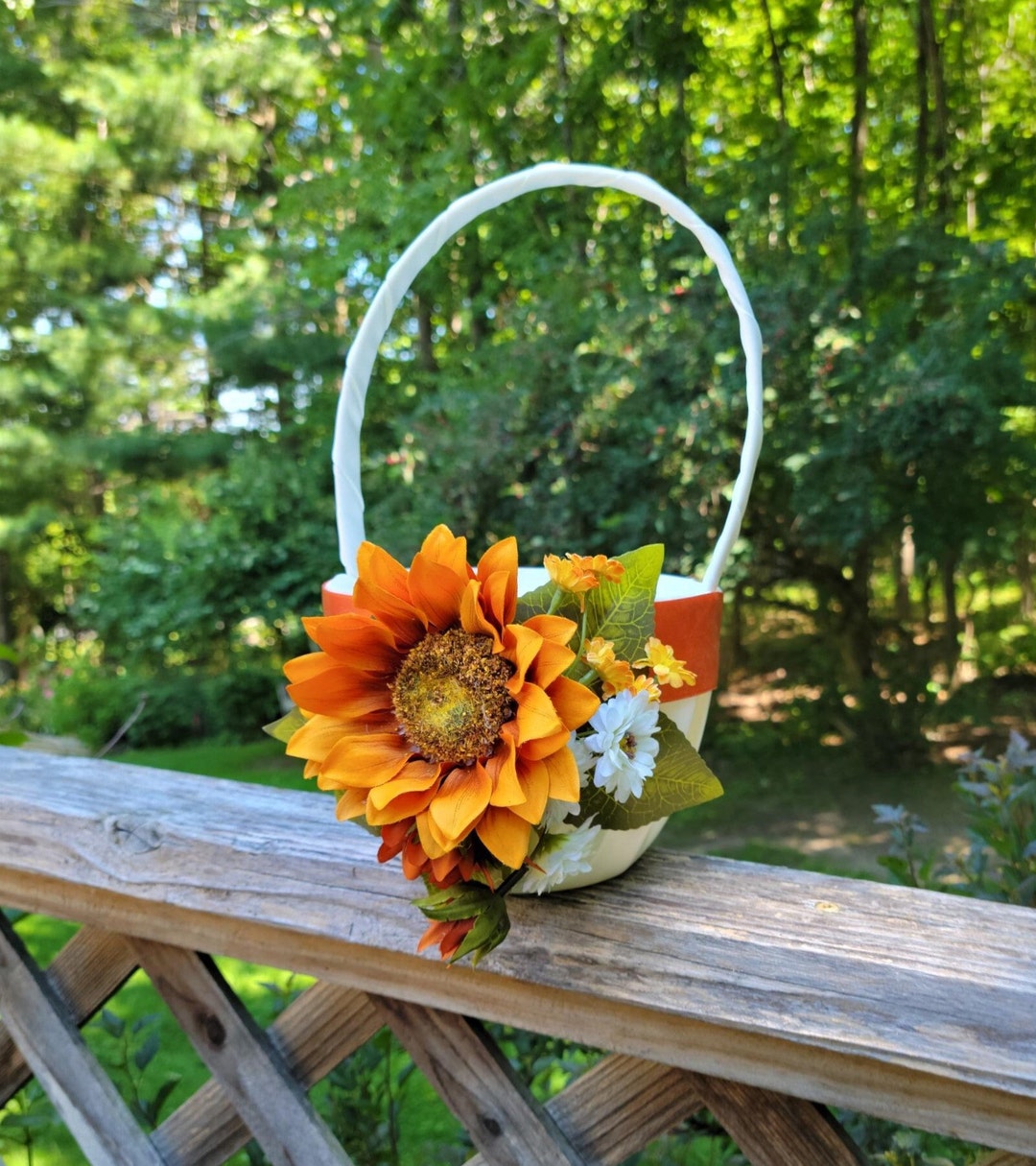 Ivory or White Flower Girl Basket With Burnt Sienna Ribbon and Orange