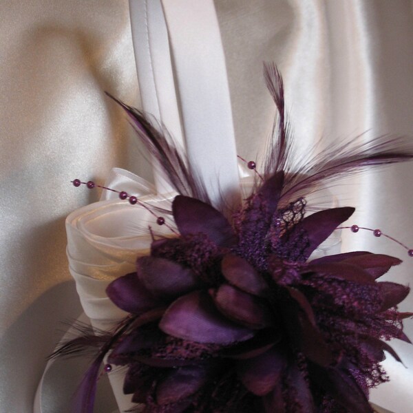 WHITE  Satin Flower Girl Basket with Dark Purple Flower and Feathers/Pick your Color