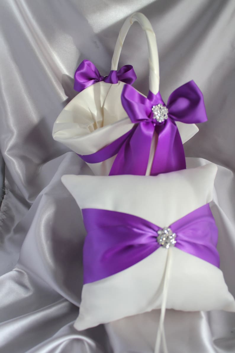 White or Ivory Ring Bearer Pillow With Purple Satin Ribbon Etsy