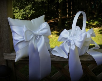 White/Ivory Flower Girl Basket and Ring Bearer Pillow with White/Ivory Deluxe Ribbons/Bow -Age to 5