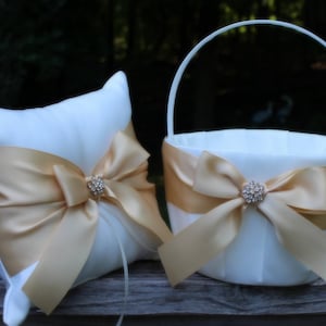 Large-Ivory/White Flower Girl Basket Gold/Raw Silk/Champagne Satin Ribbon/Bow with Rhinestone Bling-Age 8+