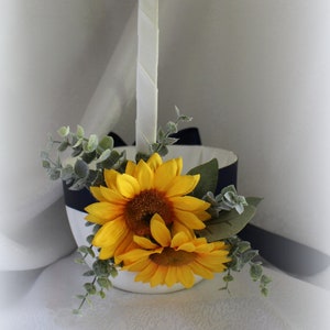 White or Ivory Flower Girl Basket -With Navy and Sunflowers, Eucalyptus-XL Size 8+