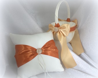 White/Ivory Flower Girl Basket/Pillow-Champagne/Raw Silk, Burnt Sienna,Gold Rhinestone Accent-Custom Ribbon Colors-3 Size Baskets Available