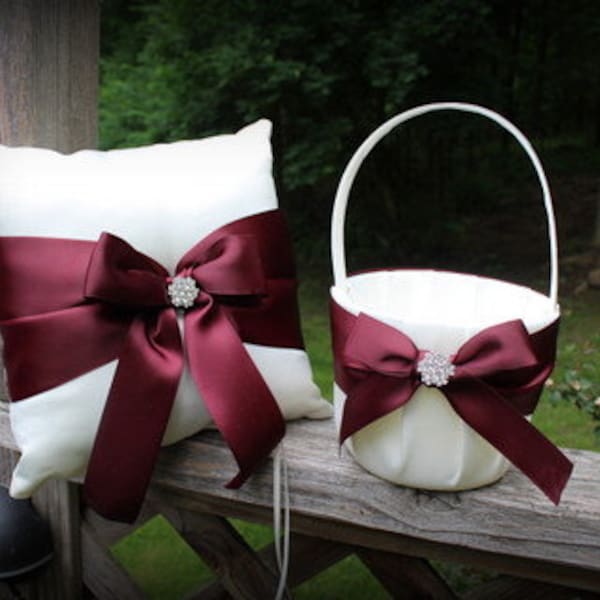 White/Ivory/Navy Flower Girl Basket/Ring Bearer Pillow-Burgundy Satin Ribbons, Rhinestone Bling-Custom Ribbon Colors- U-Pick Pieces-Age to 5