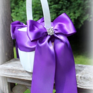 READY TO SHIP-Ivory  Satin Flower Girl Basket with Purple Satin Sash and Satin Bows/Rhinestone Accent-Age to 5