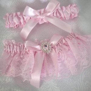 Romantic Lace Garter Set Ice Pink/Pale Pink-Includes Toss Garter-Satin Bows-Bling