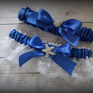 Royal Blue and White Lace Garter Set with Starfish Embellishment-Includes Toss Garter with Bling-Beach Theme-Custom Ribbon Colors