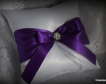 3 Size Pillow Option-White or Ivory Ring Bearer Pillow with Purple Satin Ribbon- Rhinestone Embellishment-Custom Ribbon Sash Accent Colors
